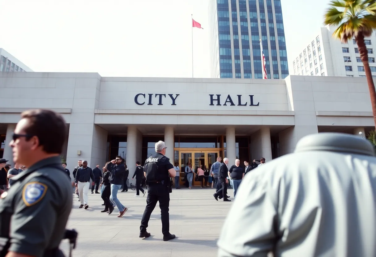 Exterior view of Los Angeles City Hall with people and cars