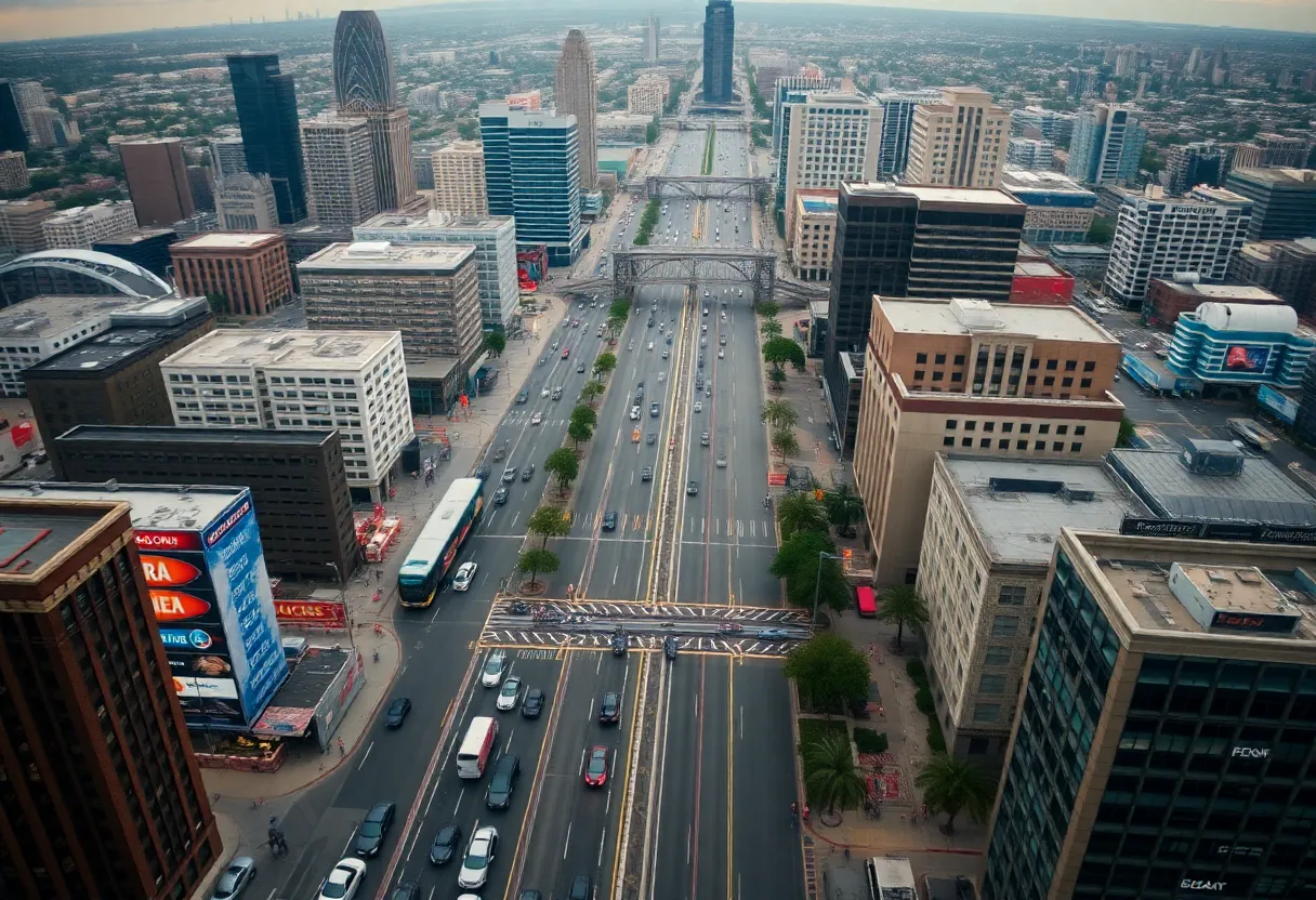 Aerial view of downtown Los Angeles highlighting economic activity.