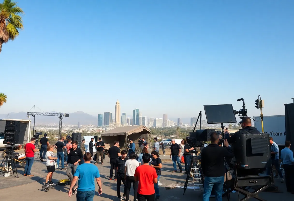 Crew working on a film set in Los Angeles