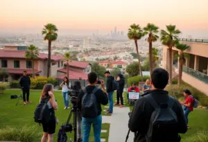 View of Los Angeles Film School with students engaged in filmmaking activities.