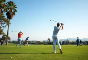 Players practicing on a golf course in Los Angeles while focusing on injury prevention techniques.
