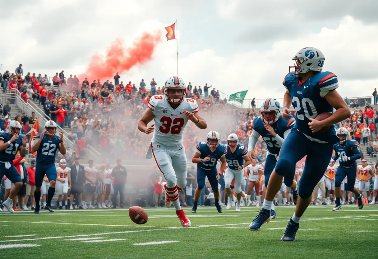 High school football players in action during a game in Los Angeles
