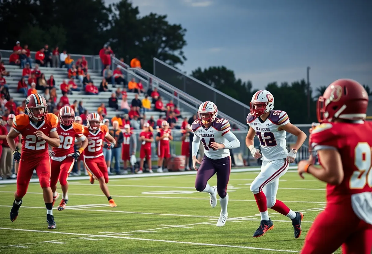 High school football players in action during a game in Los Angeles