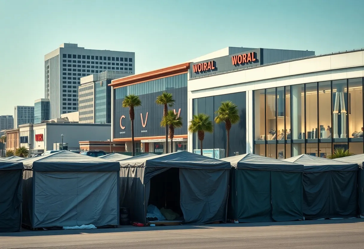 A view of Los Angeles highlighting the contrast between homelessness shelters and high-end retail stores.