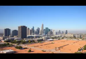 Los Angeles skyline featuring luxury apartments and vacant land