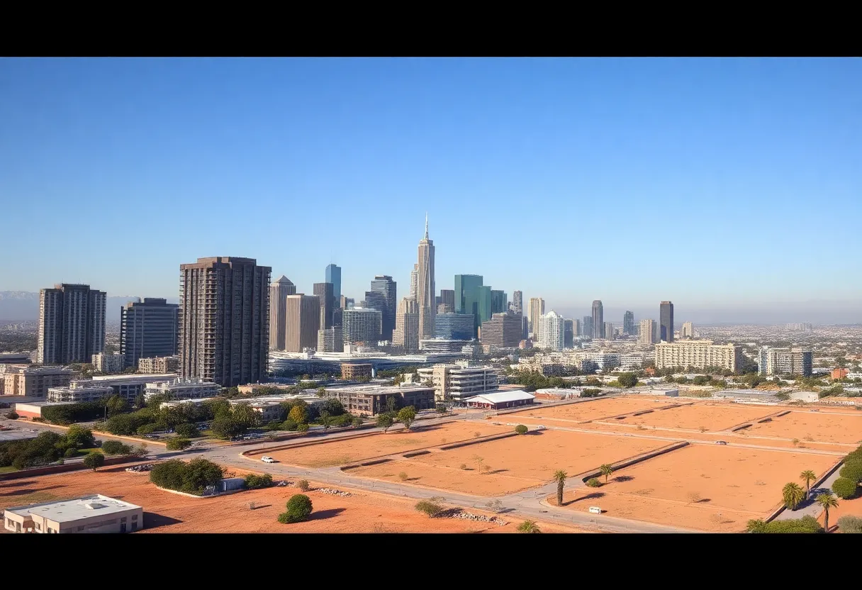 Los Angeles skyline featuring luxury apartments and vacant land