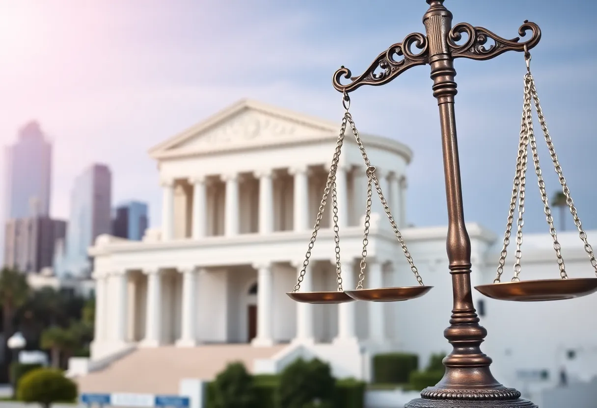 Visual depiction of justice in Los Angeles with courthouse and skyline.
