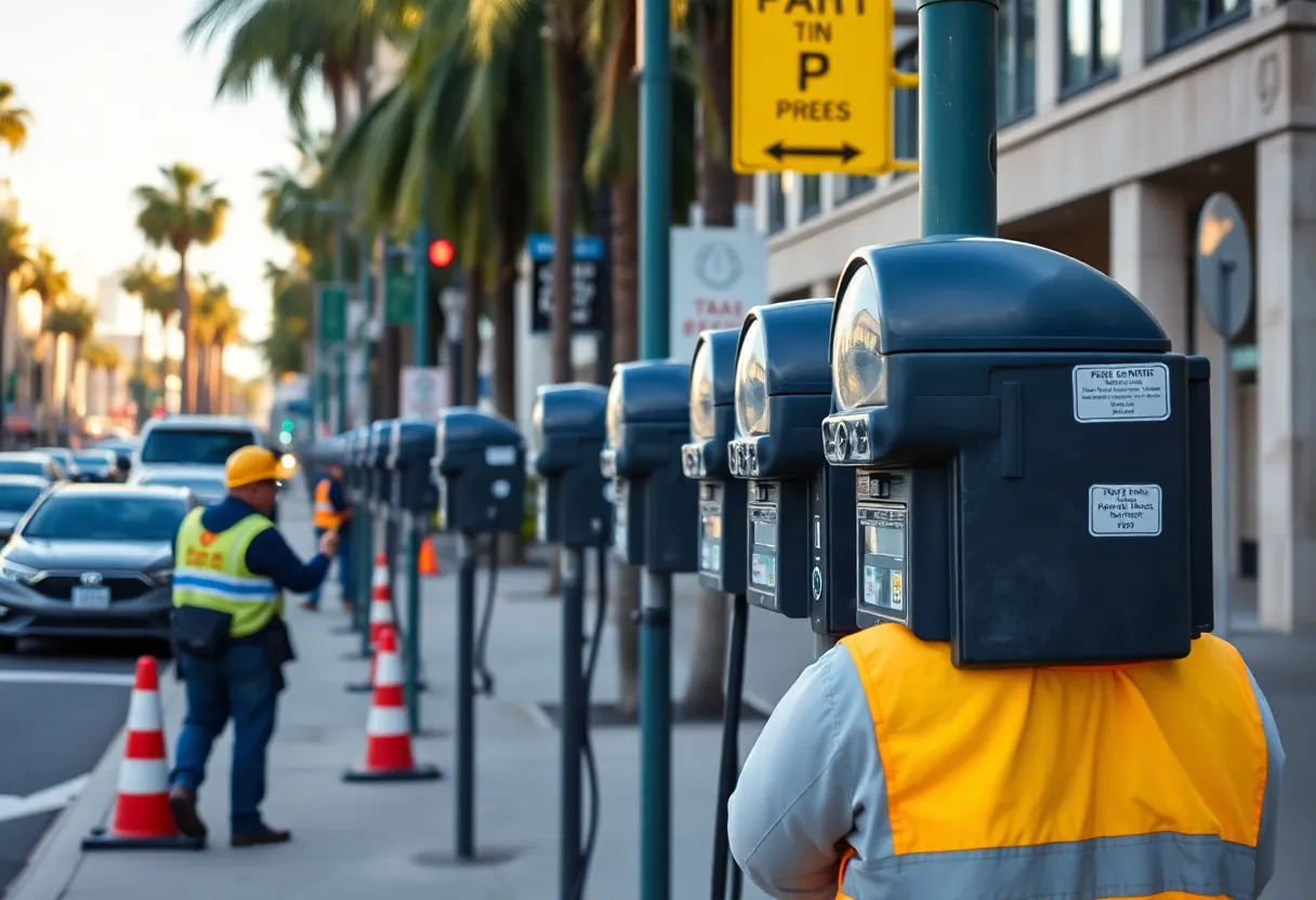 Updated parking meters on a busy Los Angeles street