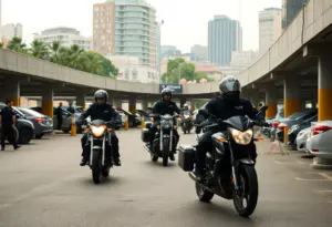 Police searching a parking structure during a motorcycle pursuit in Los Angeles.