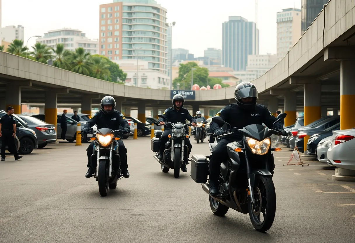 Police searching a parking structure during a motorcycle pursuit in Los Angeles.