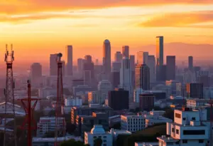 City skyline of Los Angeles with elements of public media