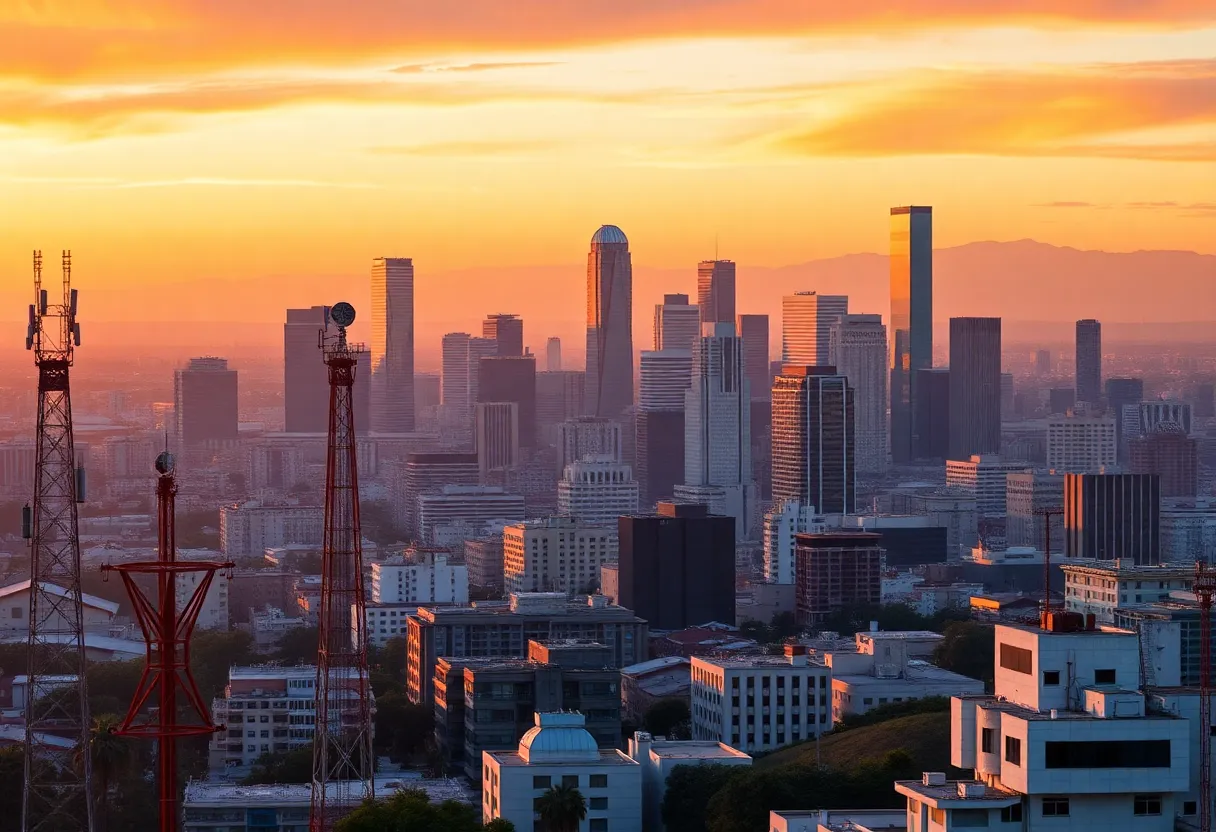 City skyline of Los Angeles with elements of public media