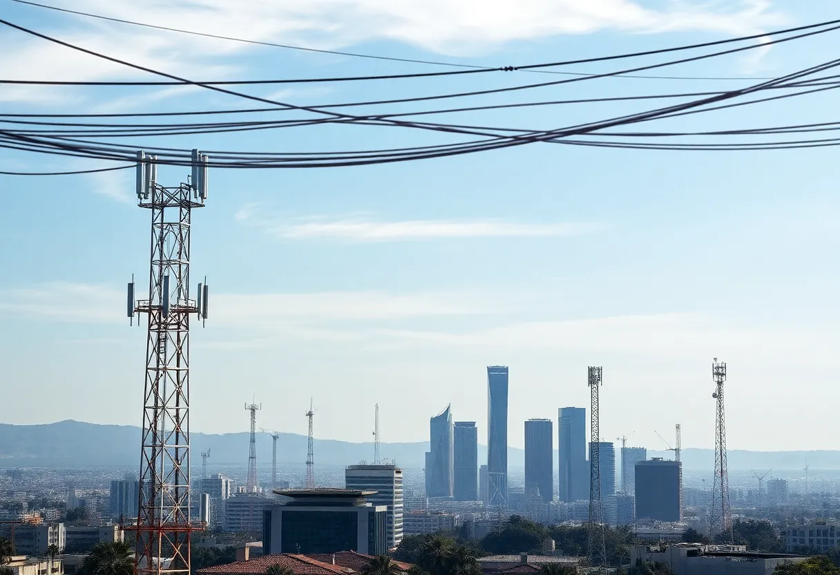 Cityscape of Los Angeles with telecommunications infrastructure affected by service outages
