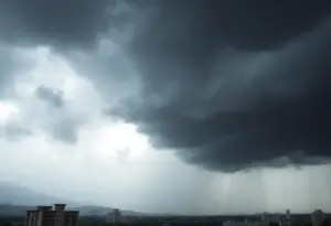 Stormy weather in Los Angeles with heavy rain and dark clouds