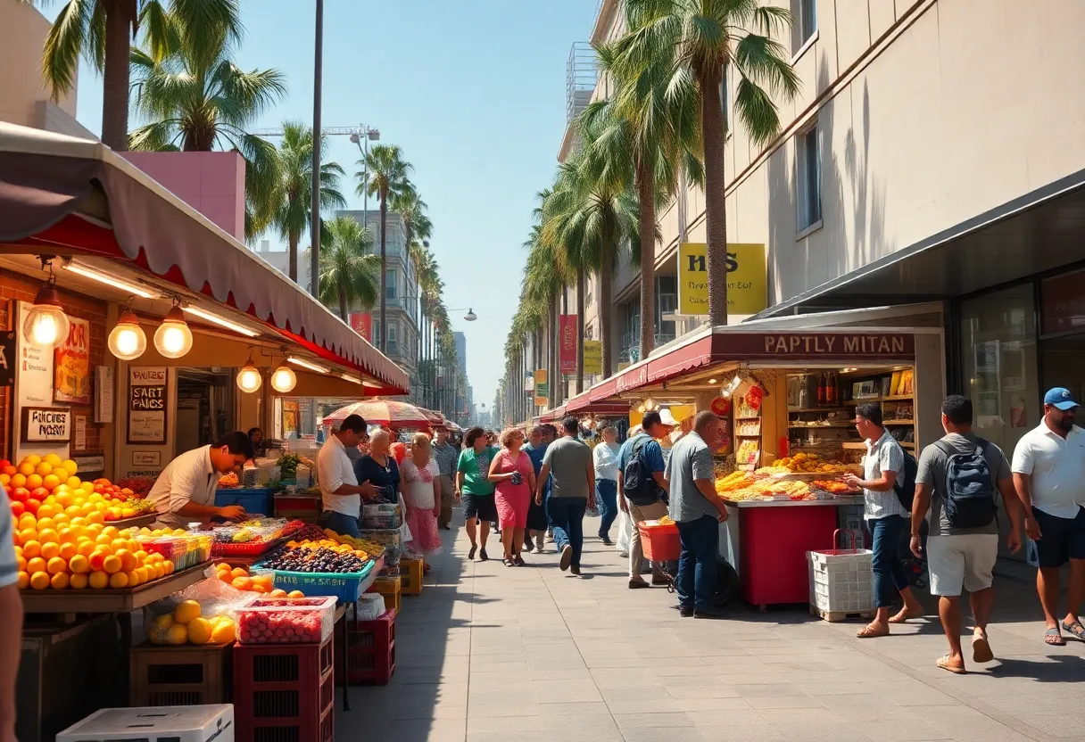 A lively street vendor scene in Los Angeles with various food stands.