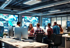 The office space of Los Angeles Times Media Group with employees working together