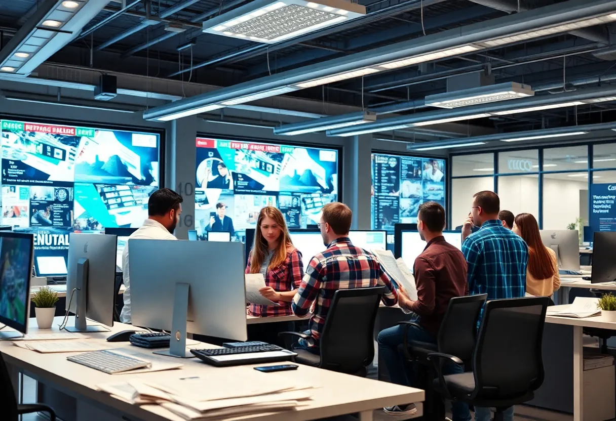 The office space of Los Angeles Times Media Group with employees working together