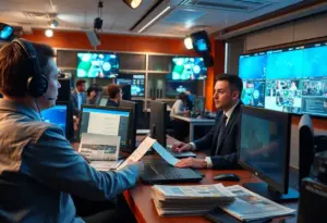 Photograph of a busy newsroom at the Los Angeles Times