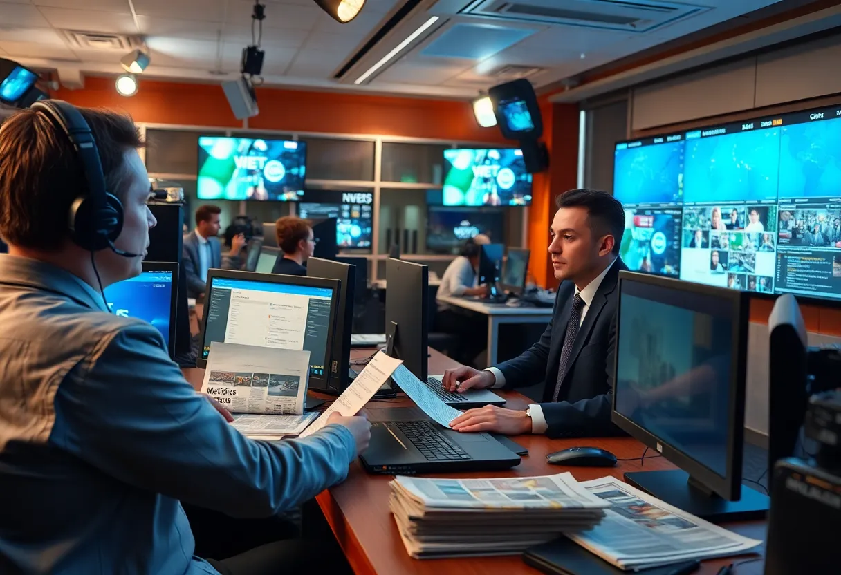 Photograph of a busy newsroom at the Los Angeles Times