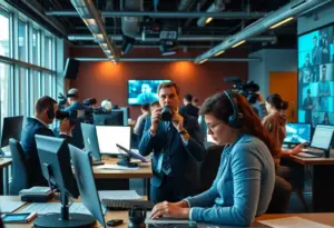 A busy newsroom at the Los Angeles Times with journalists at work.