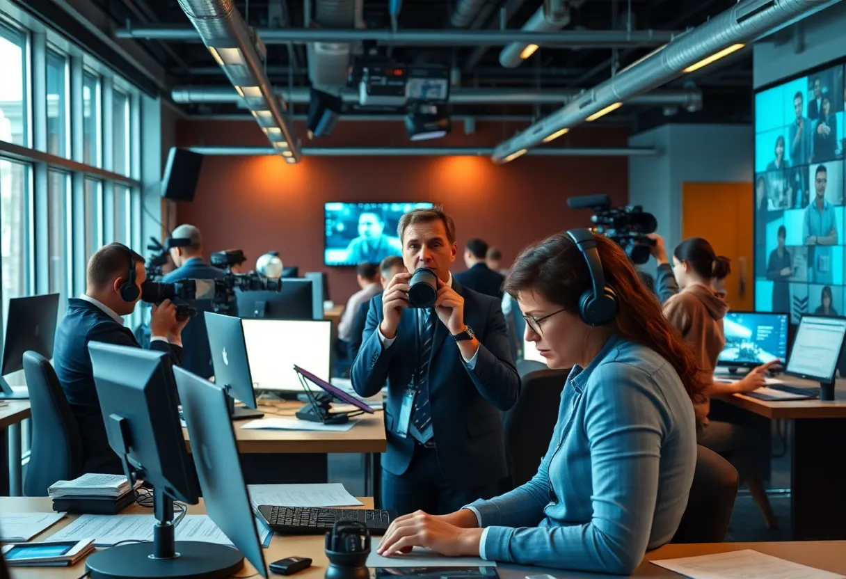 A busy newsroom at the Los Angeles Times with journalists at work.