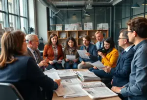Journalists in a newsroom discussing potential strike actions.