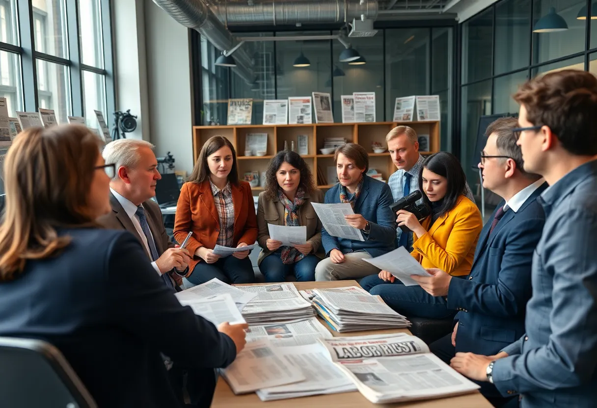 Journalists in a newsroom discussing potential strike actions.