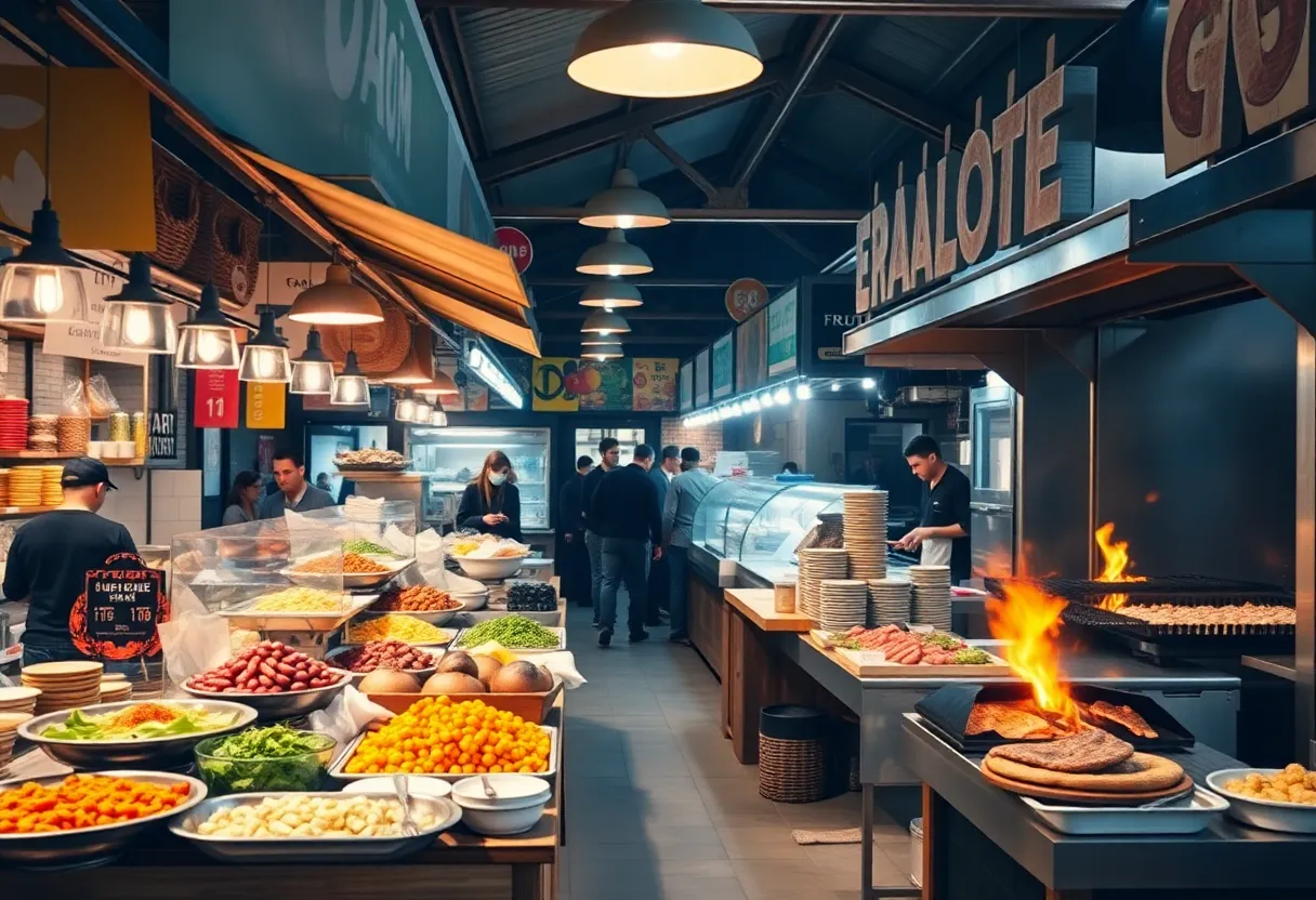 Inside view of Maydan Market showcasing diverse food vendors.