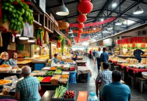 Vibrant food market showcasing diverse vendors and communal dining experience