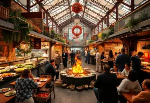 A variety of food stalls at Maydan Market with diverse cuisines.