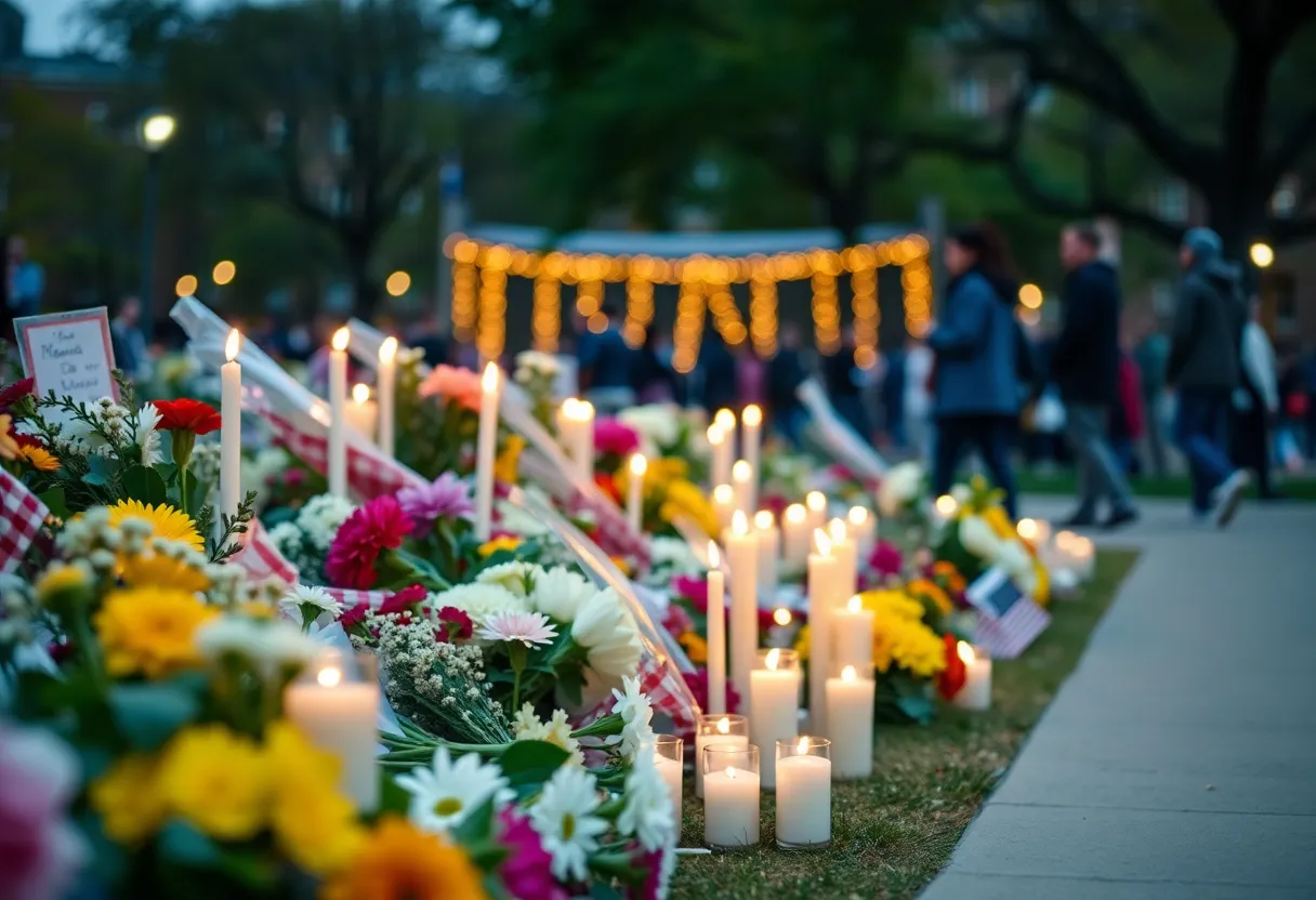 Memorial at a university holding candles and flowers