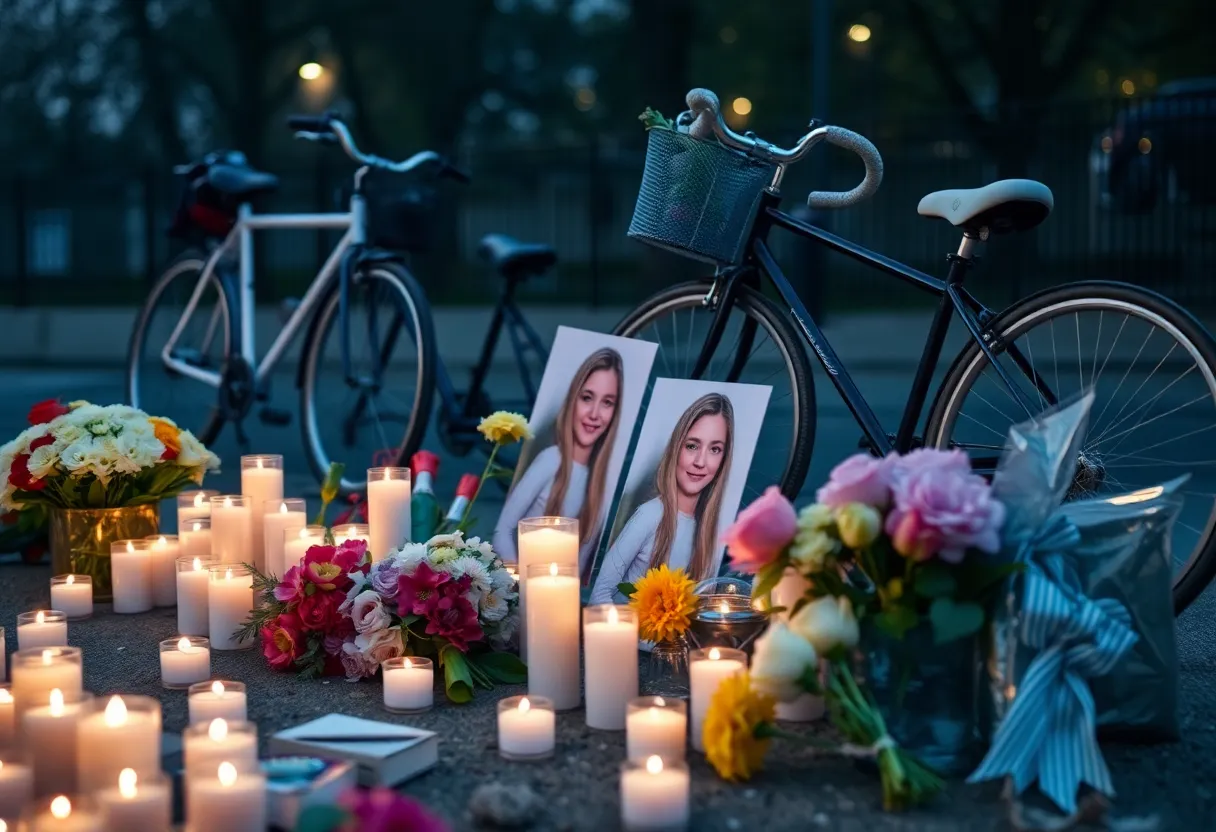 Memorial with flowers and candles for the two teen girls who lost their lives
