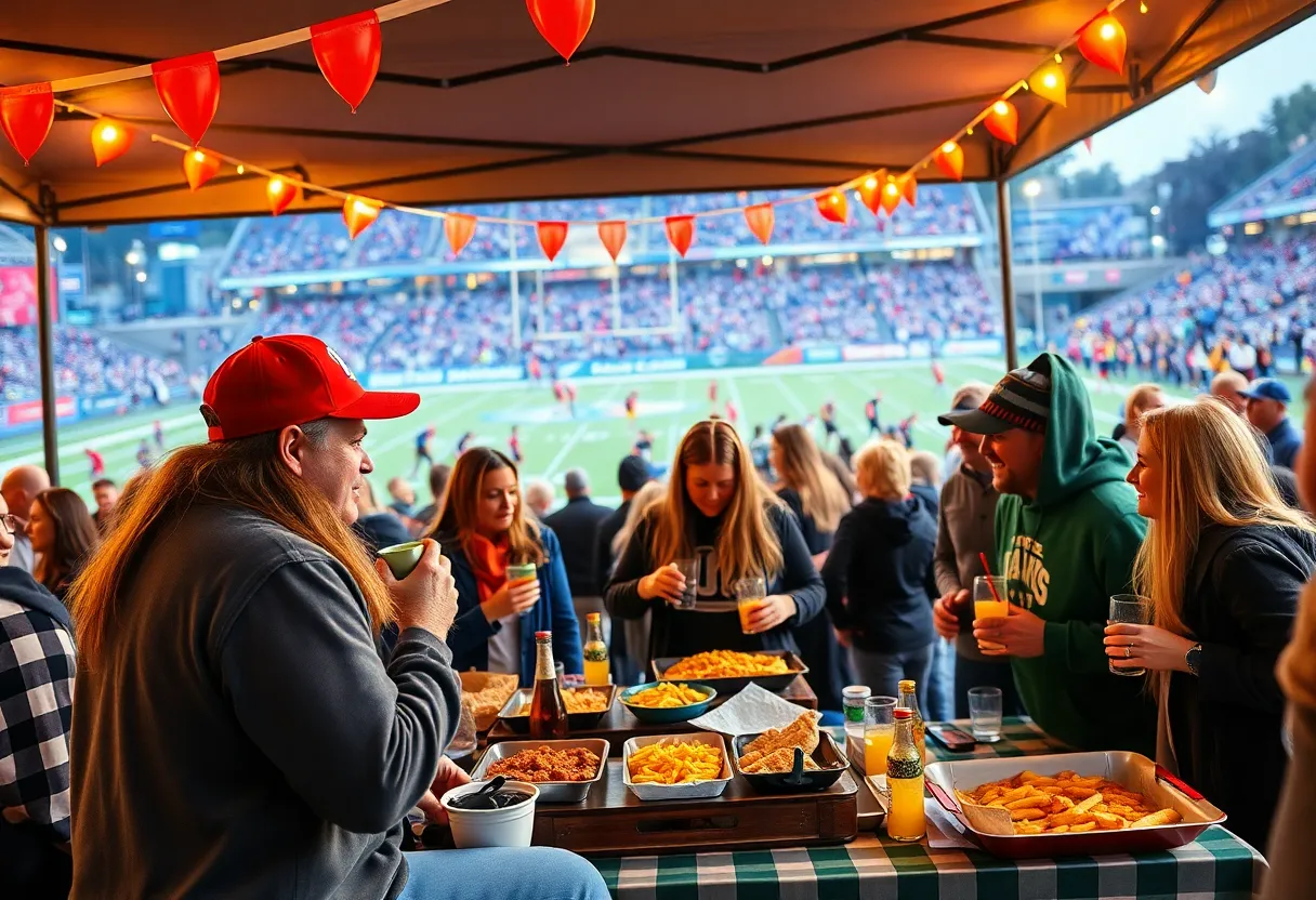 View of a lively tailgate fundraiser event with supporters and festive decorations.