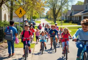 Students and families participating in National Walk and Roll to School Day