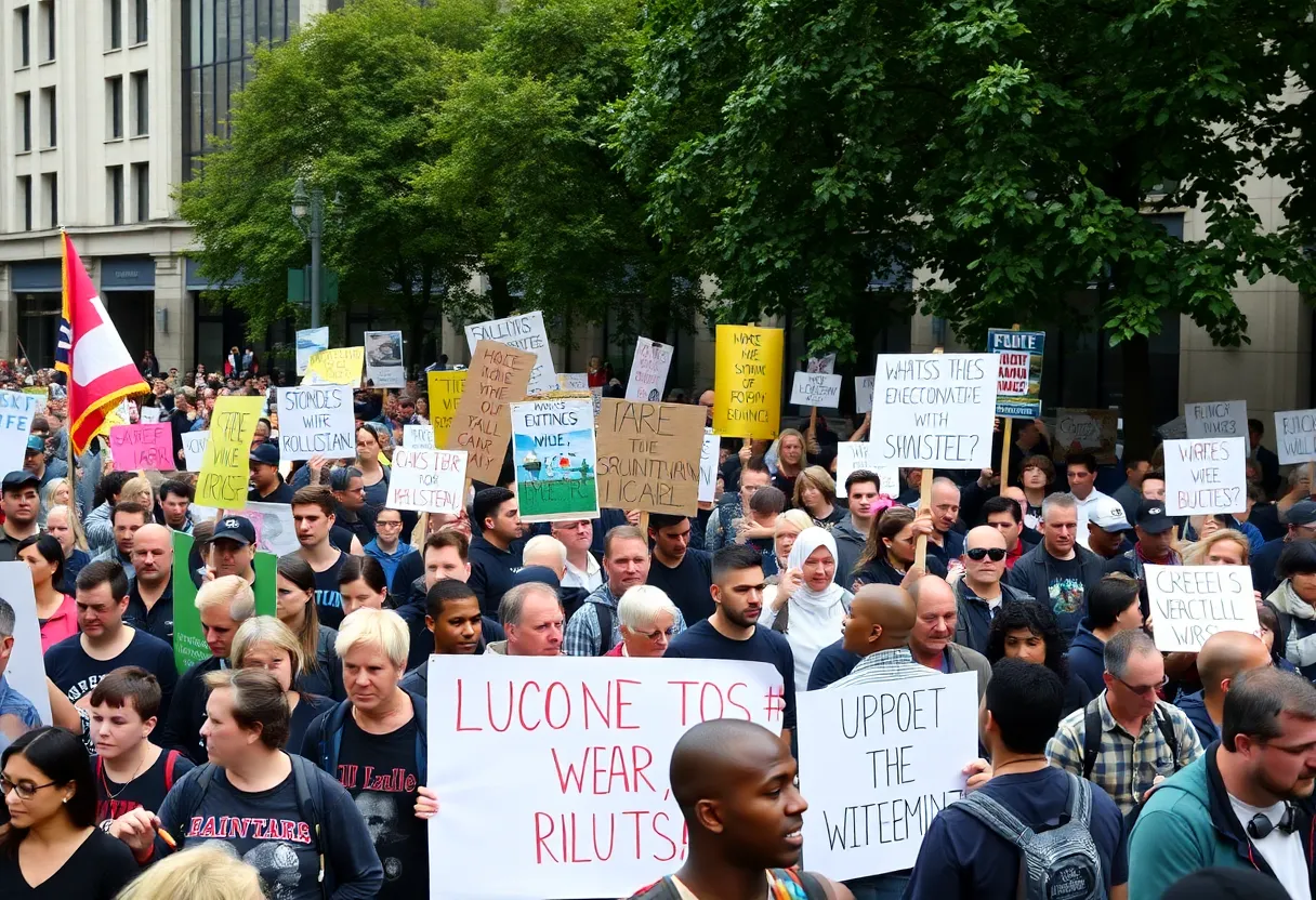 Diverse crowd protesting with political banners in Chicago