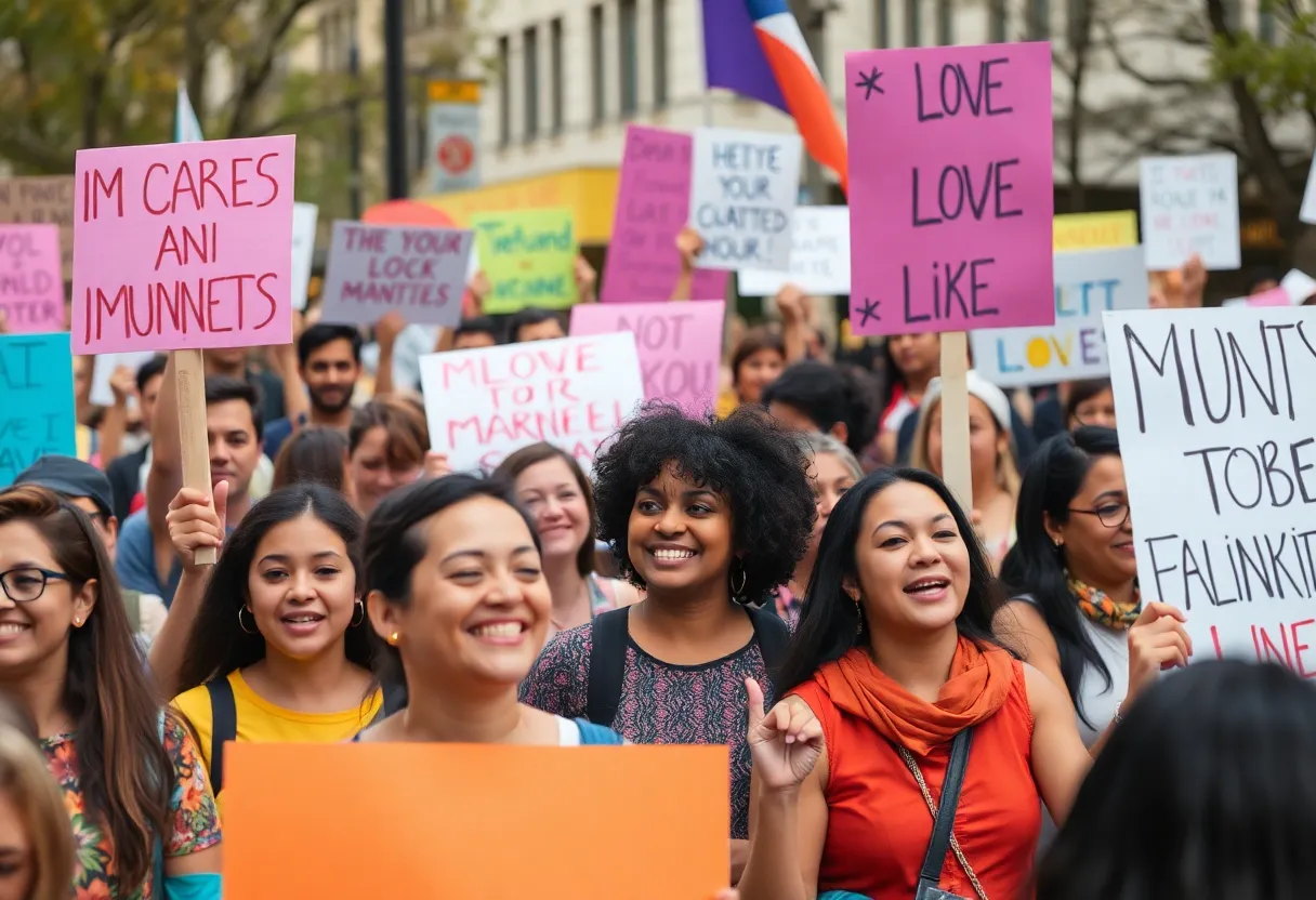 Participants holding colorful signs at the No Kings protest in Juneau
