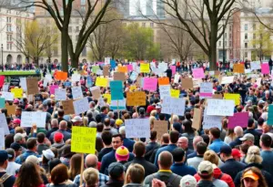 Crowd at No Kings rally in Los Angeles holding protest signs