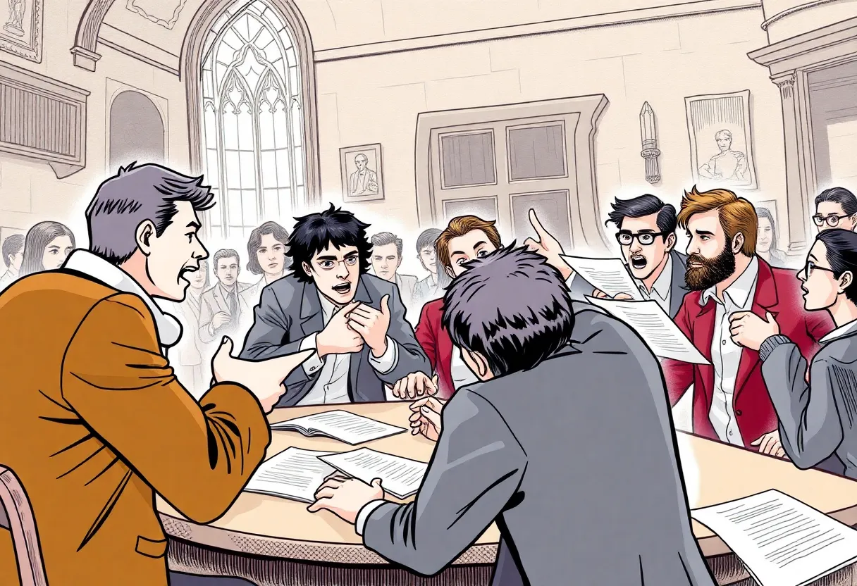 Illustration of a debate at the Oxford Union highlighting free speech and accountability issues.