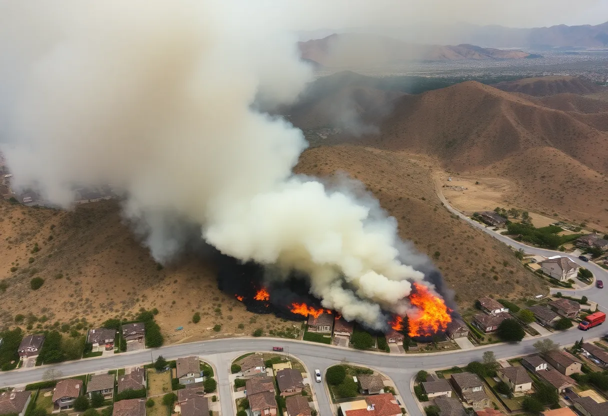 Wildfire engulfing homes in a suburban neighborhood