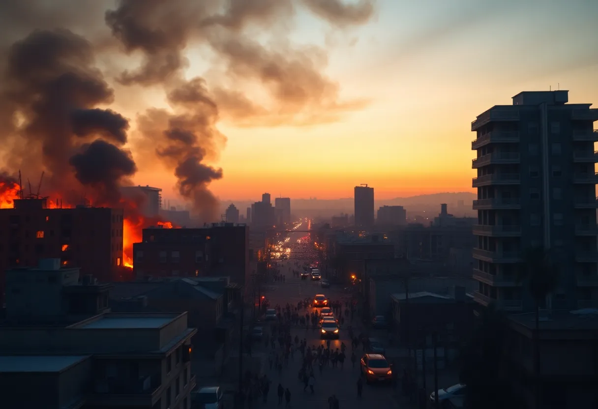 Burning cityscape depicting the aftermath of a massive fire
