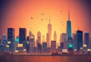 City skyline symbolizing media landscape with entertainment elements