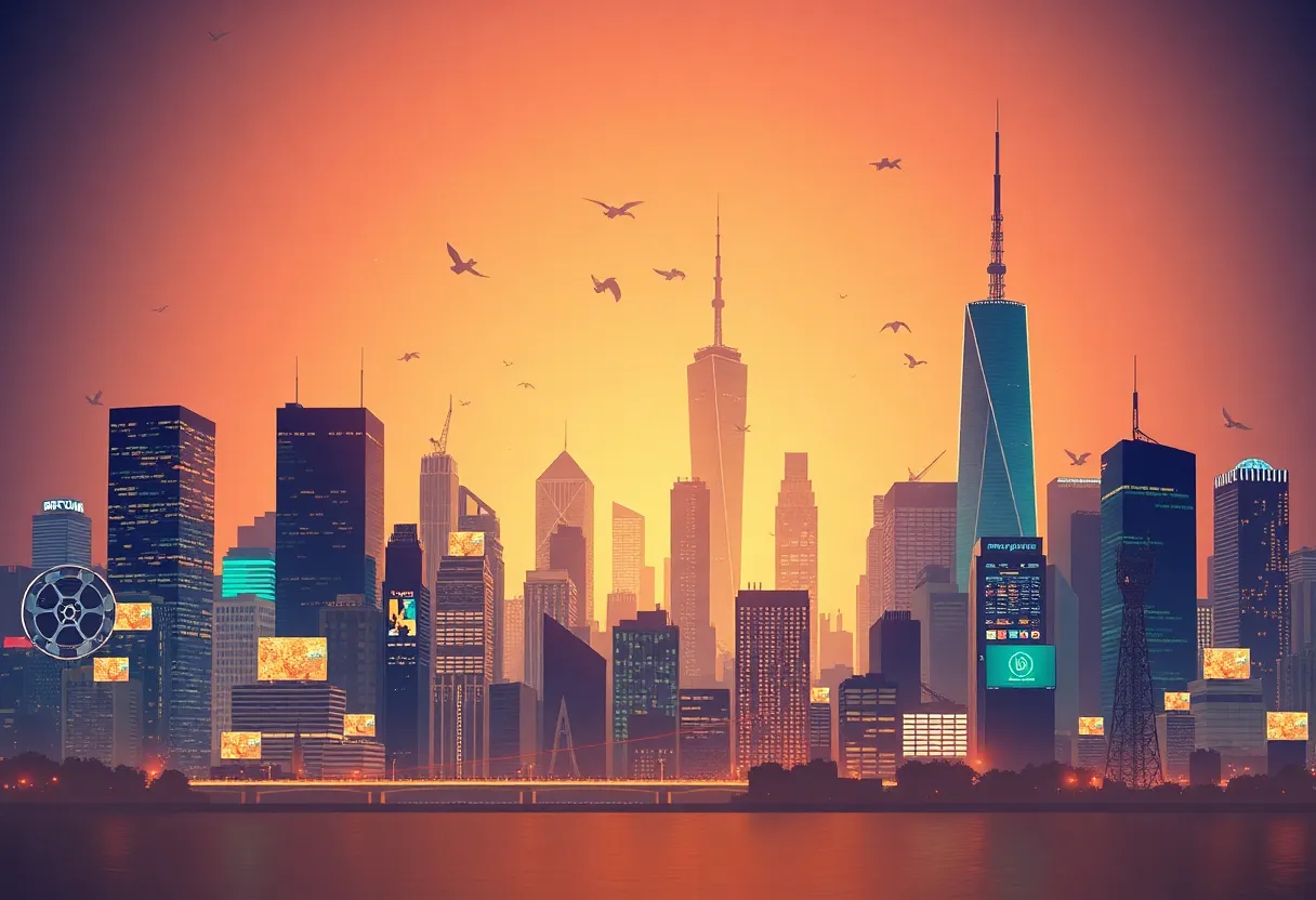City skyline symbolizing media landscape with entertainment elements