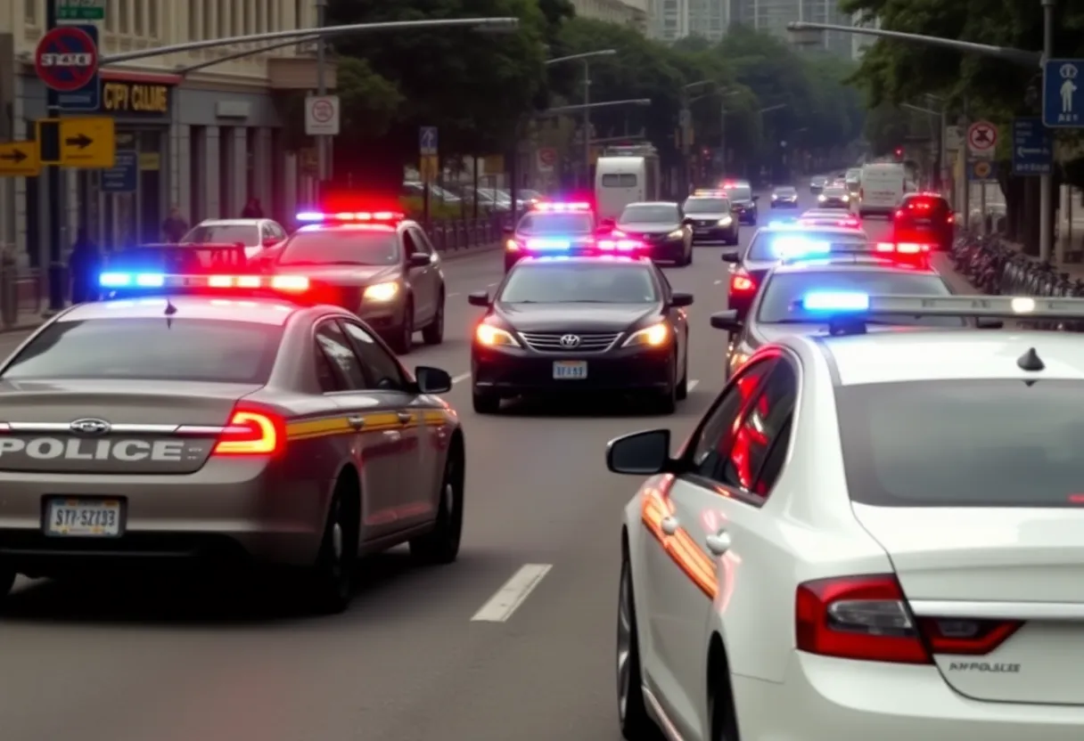 Police cars chasing a suspect on a busy street in Los Angeles
