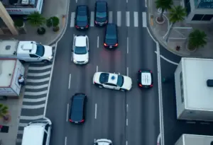 Aerial view of a police chase in downtown Los Angeles
