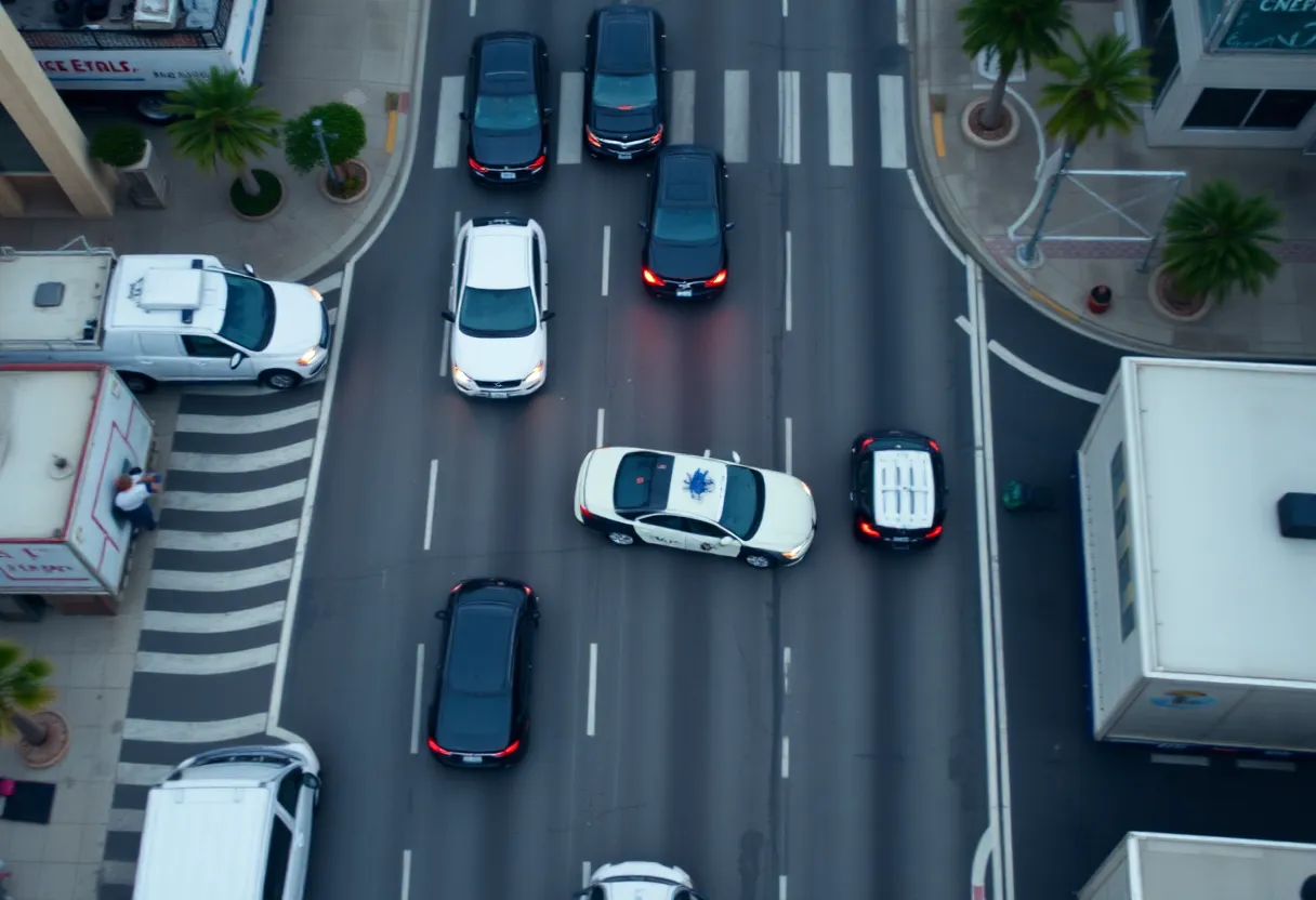 Aerial view of a police chase in downtown Los Angeles