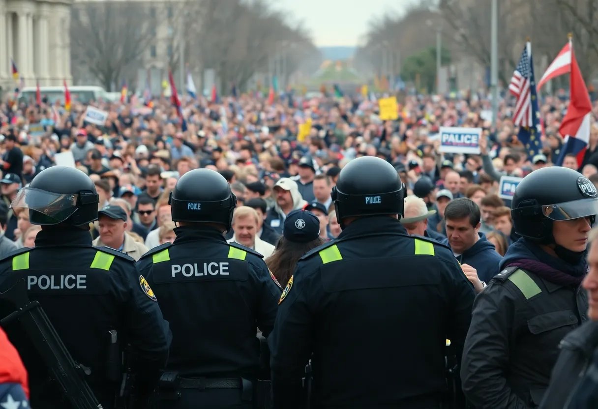 Crowd at a political rally with security measures in place