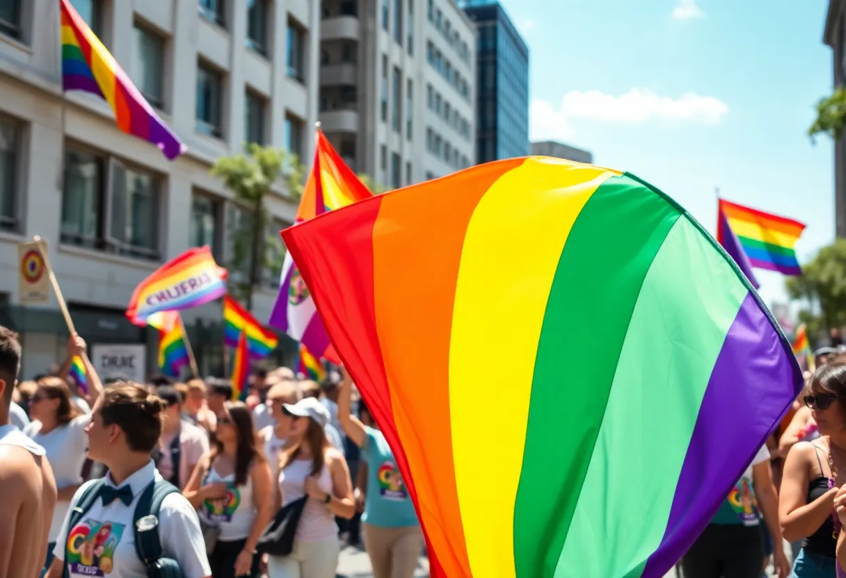 Vibrant Pride parade with participants showcasing rainbow flags and celebrating diversity.