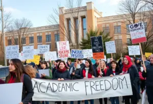 Demonstrators at a university protest emphasizing academic freedom