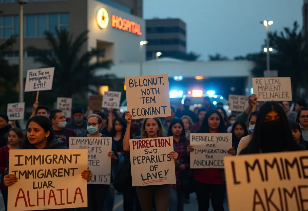Demonstrators protesting against ICE outside a hospital in Los Angeles