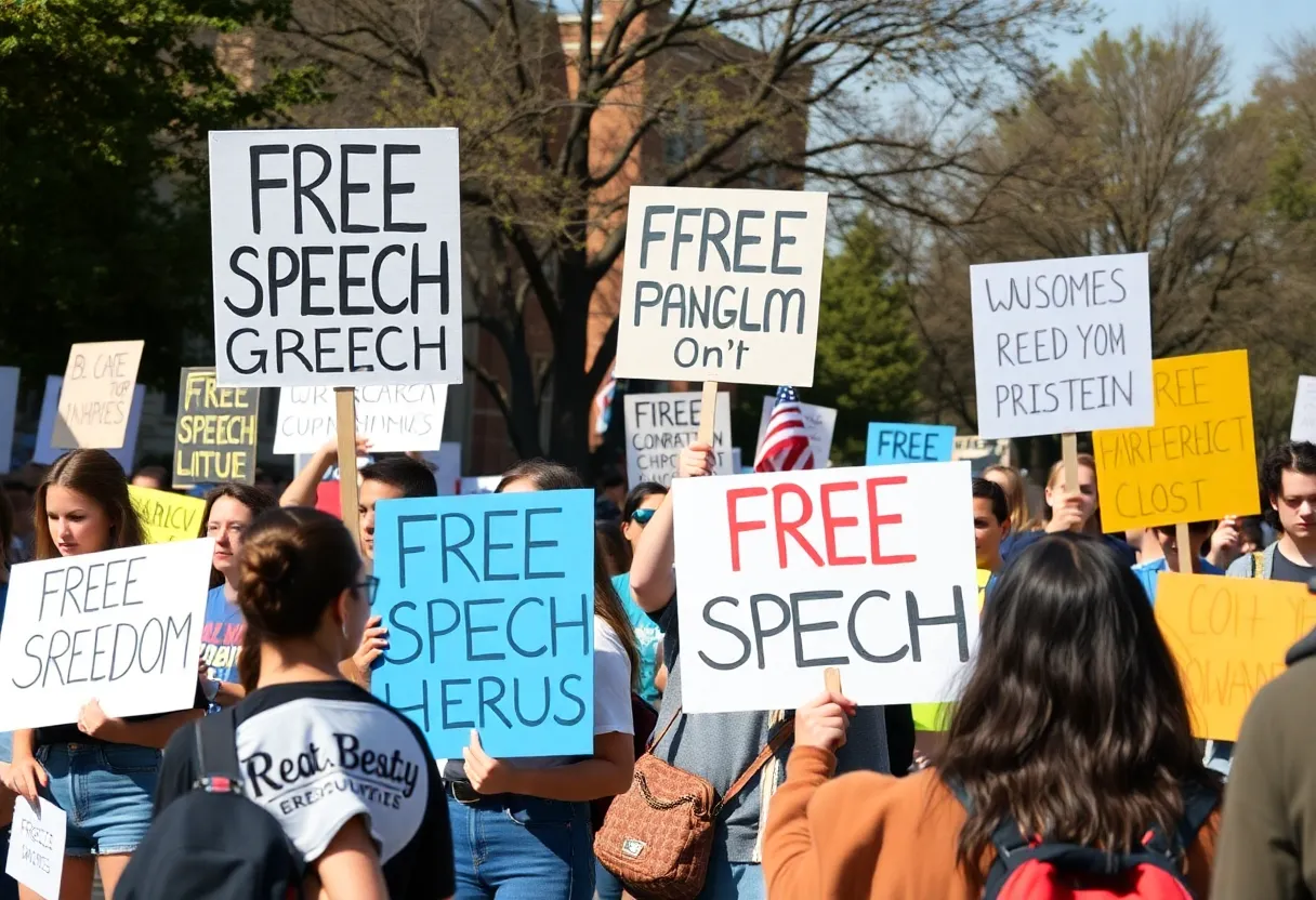 Students protesting for free speech and academic freedom at a California university